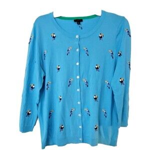 Talbots Womens Embroidered Toucan Bird Cardigan Blue 3/4 Sleeve Large